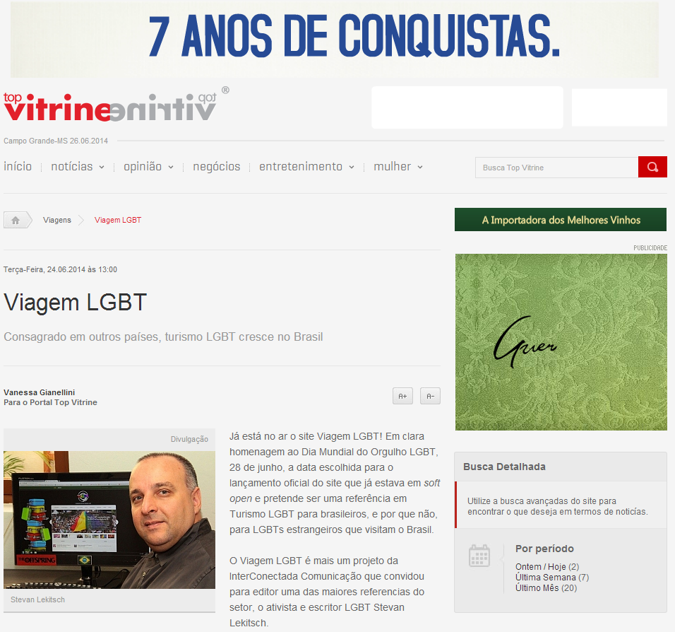 Viagem LGBT é notícia no Top Vitrine